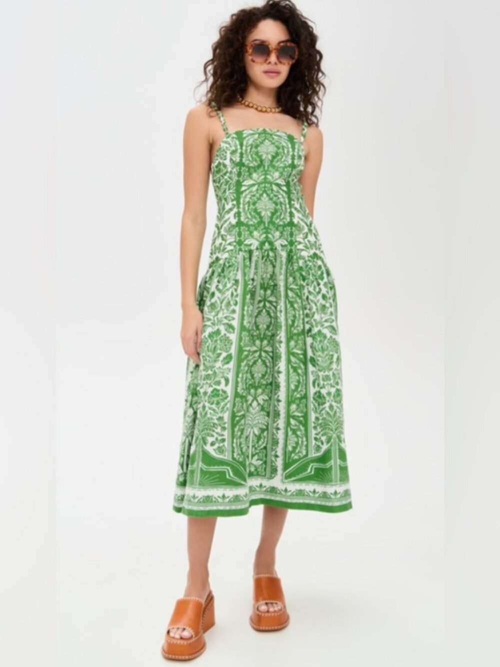 Farm Rio Green Midi Dress 100% Linen Delicate Tapestry Floral Large
